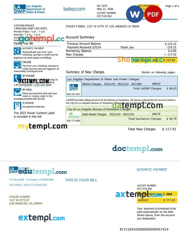 USA LADWP utility bill in Word and PDF format, 4 pages USA LADWP utility bill in Word and PDF format, 4 pages