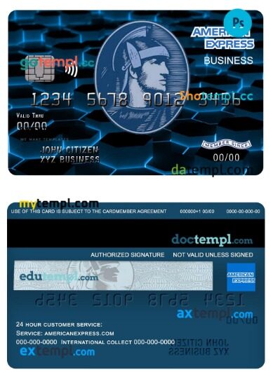 USA New York American Express Blue bank business credit card template in PSDÂ format USA New York American Express Blue bank business credit card template in PSDÂ format