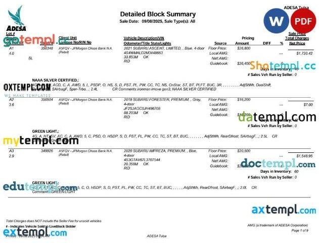 USA Oklahoma Adesa Auto Auction Bill of Sale template in PSD format, 9 pages