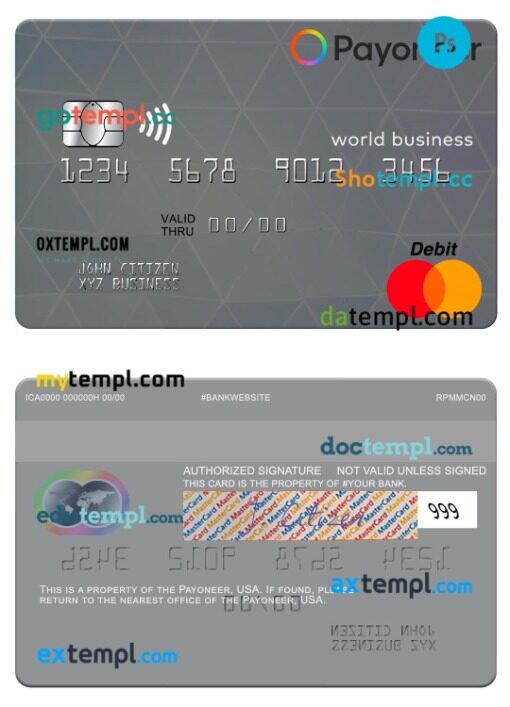 USA Payoneer world business debit mastercard template in PSD format