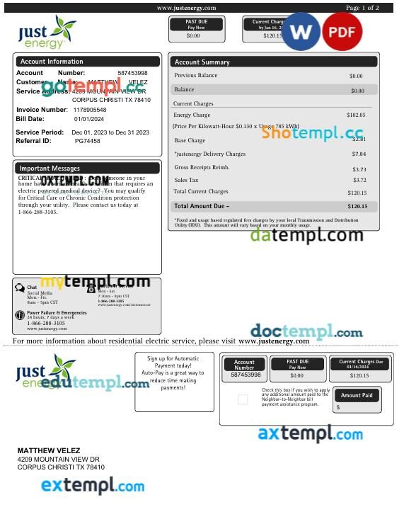 USA Texas Just Energy electricity utility bill in Word and PDF format USA Texas Just Energy electricity utility bill in Word and PDF format