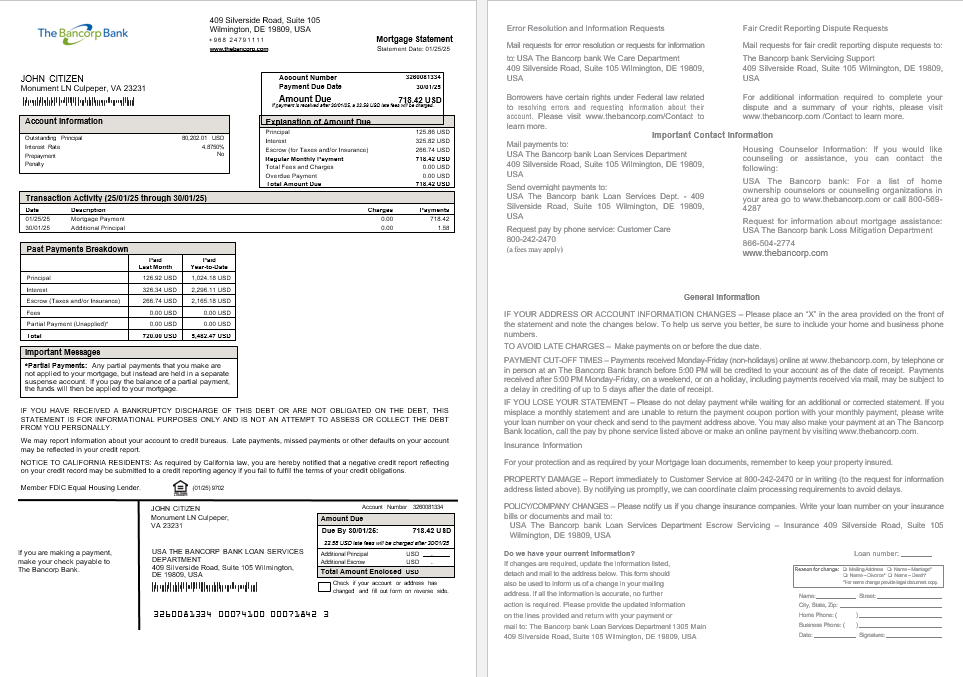 USA The Bancorp bank mortgage statement in Word and PDF formats