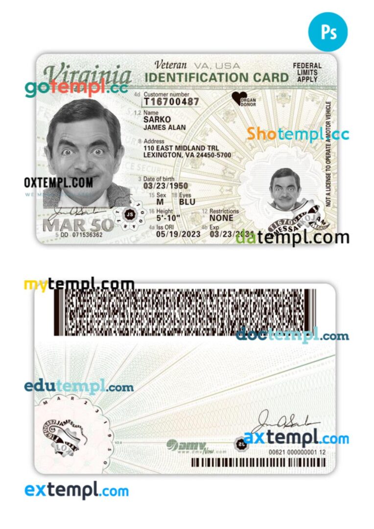 USA Virginia ID card PSD template, 2023-present