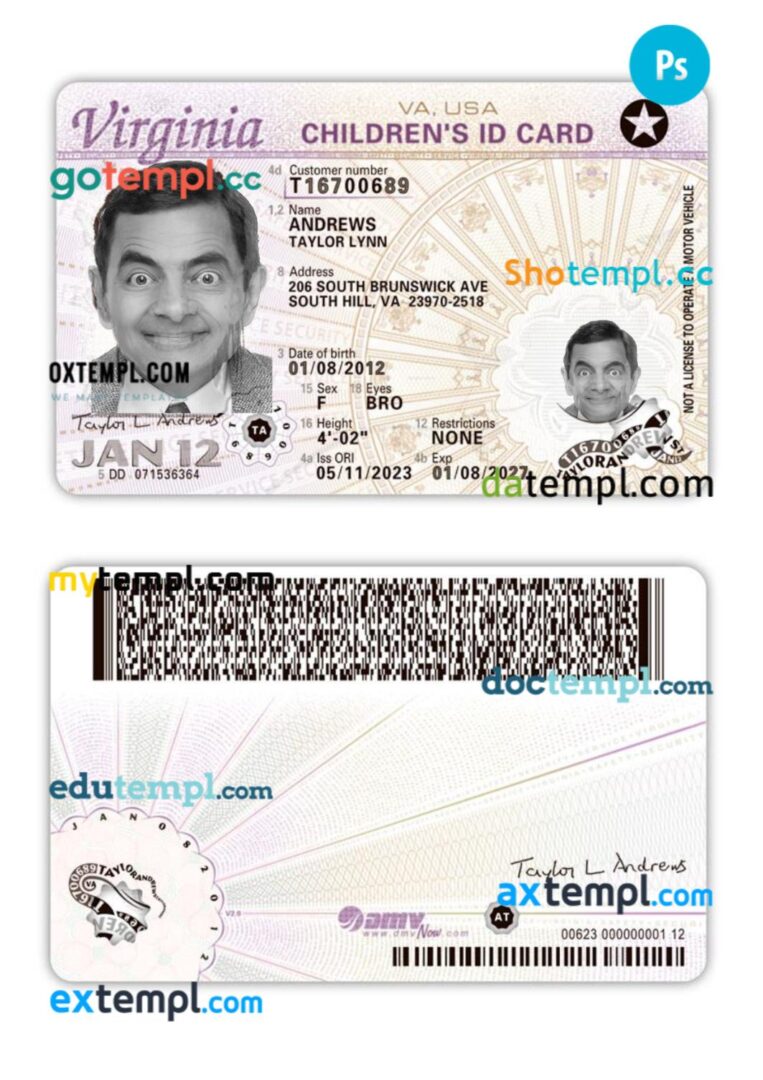 USA Virginia children's ID card PSD template