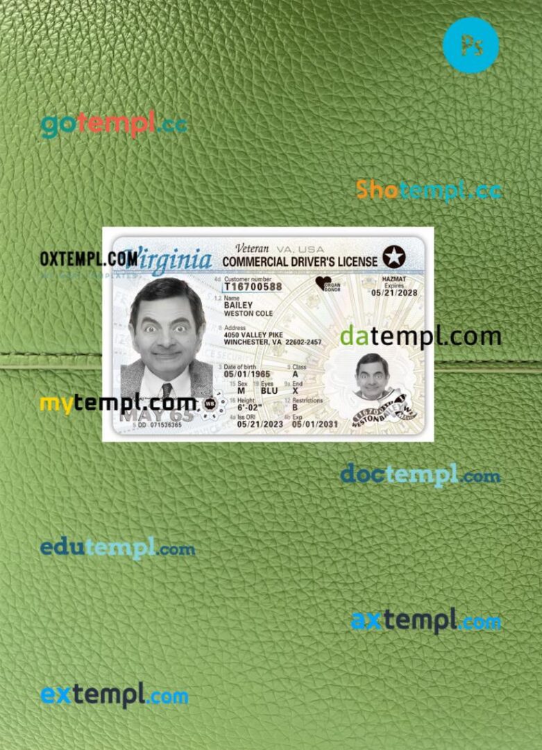 USA Virginia commercial driving license PSD files, scan look and photographed image, 2 in 1, 2023-present