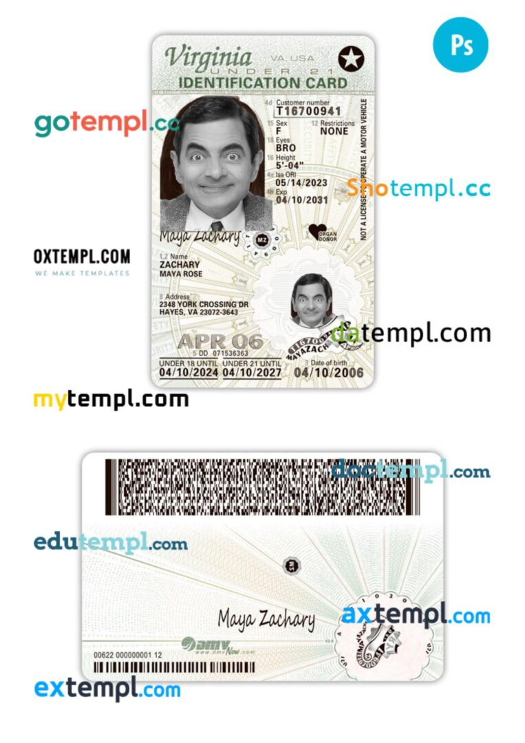 USA Virginia under 21 ID card PSD template, 2024-present USA Virginia under 21 ID card PSD template, 2024-present