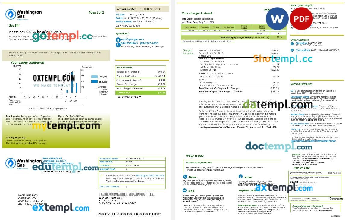 USA Washington Gas utility bill template in Word and PDF formats USA Washington Gas utility bill template in Word and PDF formats