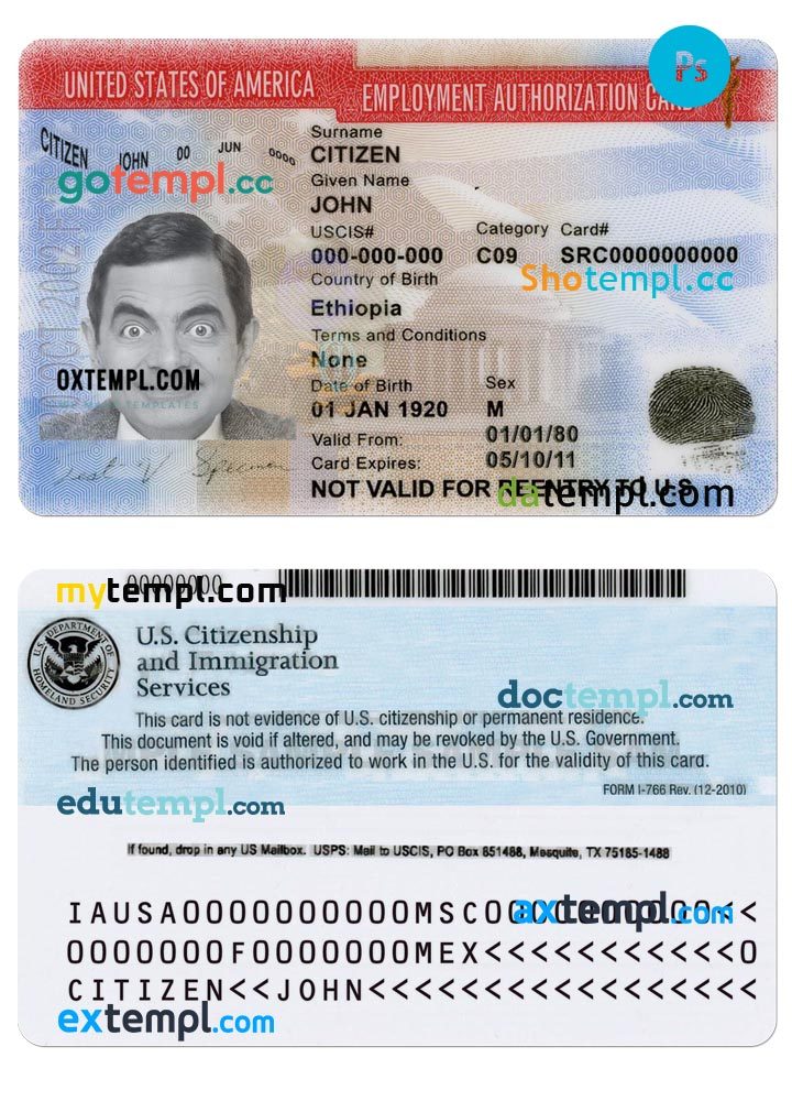 USA employment authorization card PSD example, version 2 USA employment authorization card PSD example, version 2