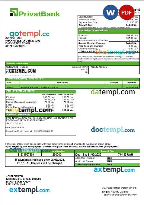 Ukraine Privatbank bank mortgage statement in Word and PDF formats Ukraine Privatbank bank mortgage statement in Word and PDF formats