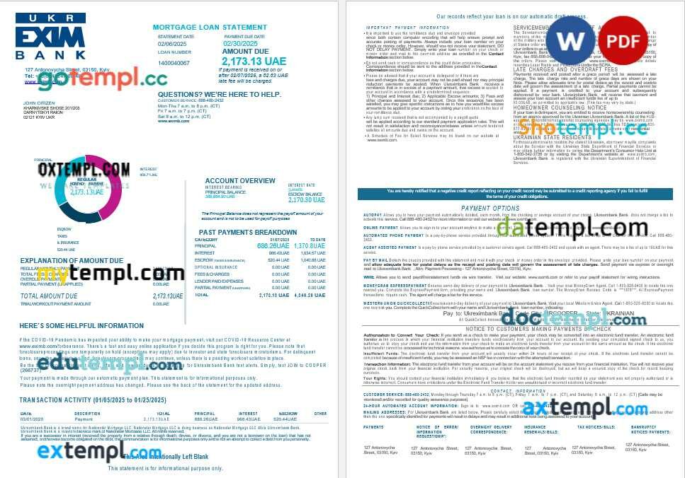 Ukraine Ukreximbank Bank mortgage loan statement in Word and PDF formats, 4 pages Ukraine Ukreximbank Bank mortgage loan statement in Word and PDF formats, 4 pages