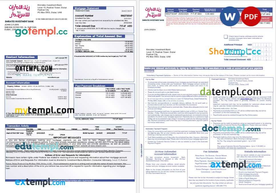 United Arab Emirates Investment Bank mortgage statement in Word and PDF formats, 3 pages United Arab Emirates Investment Bank mortgage statement in Word and PDF formats, 3 pages