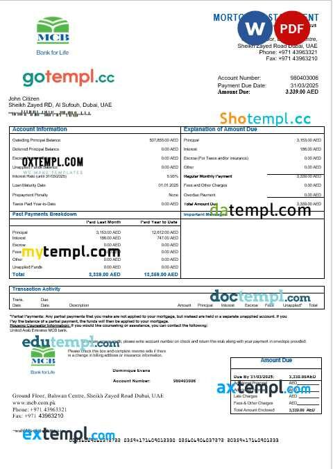United Arab Emirates MCB bank mortgage statement in Word and PDF formats United Arab Emirates MCB bank mortgage statement in Word and PDF formats