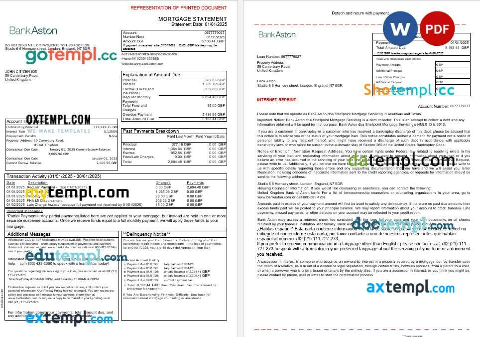 United Kingdom Bank of Aston bank mortgage statement in Word and PDF formats, 3 pages United Kingdom Bank of Aston bank mortgage statement in Word and PDF formats, 3 pages