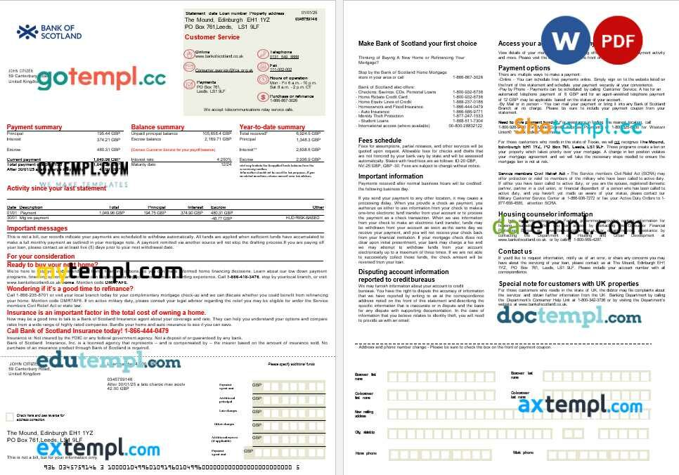 United Kingdom Bank of Scotland mortgage statement in Word and PDF formats, 2 pages United Kingdom Bank of Scotland mortgage statement in Word and PDF formats, 2 pages