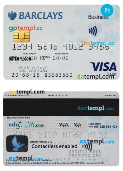 United Kingdom Barclays PLC visa business debit card template in PSDÂ format United Kingdom Barclays PLC visa business debit card template in PSDÂ format