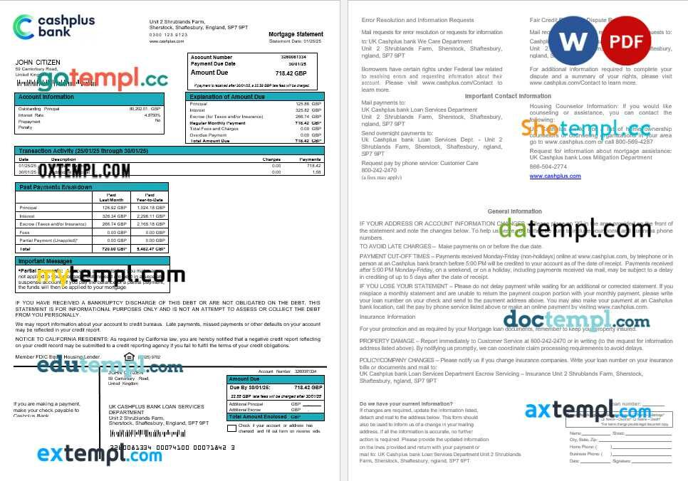 United Kingdom Cashplus bank mortgage statement in Word and PDF formats United Kingdom Cashplus bank mortgage statement in Word and PDF formats