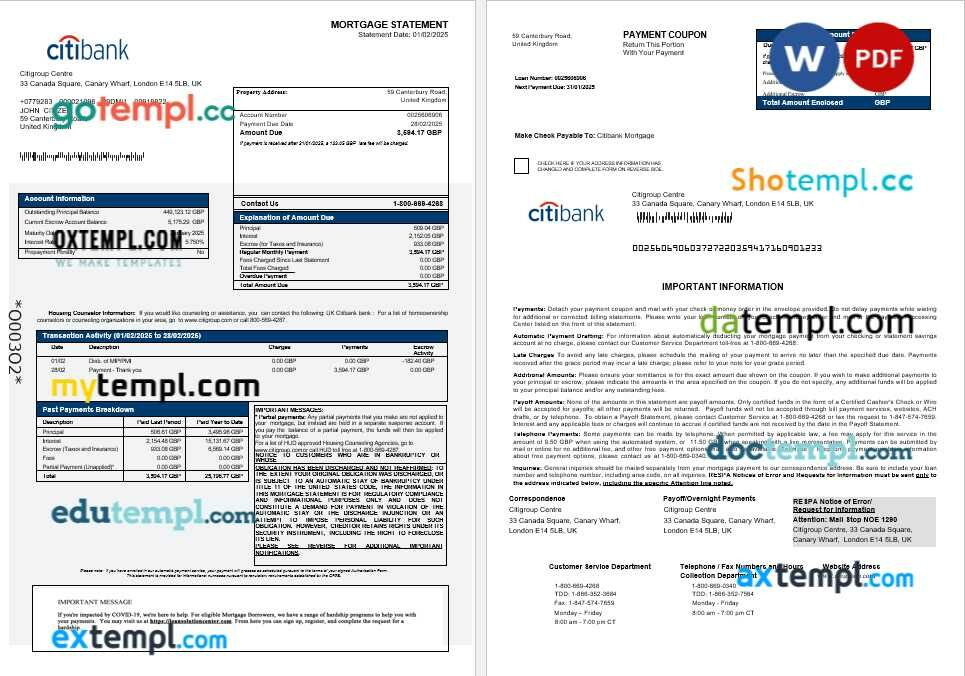 United Kingdom Citibank bank mortgage statement in Word and PDF formats United Kingdom Citibank bank mortgage statement in Word and PDF formats
