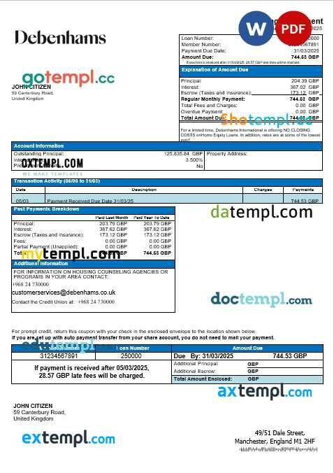 United Kingdom Debenhams mortgage statement in Word and PDF formats United Kingdom Debenhams mortgage statement in Word and PDF formats