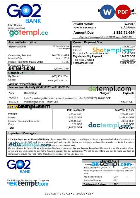 United Kingdom GO2 bank mortgage statement in Word and PDF formats United Kingdom GO2 bank mortgage statement in Word and PDF formats