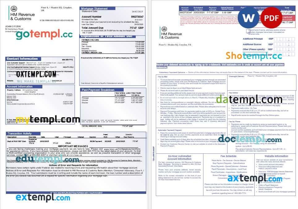 United Kingdom HM Revenue & Customs bank mortgage statement in Word and PDF formats, 3 pages United Kingdom HM Revenue & Customs bank mortgage statement in Word and PDF formats, 3 pages
