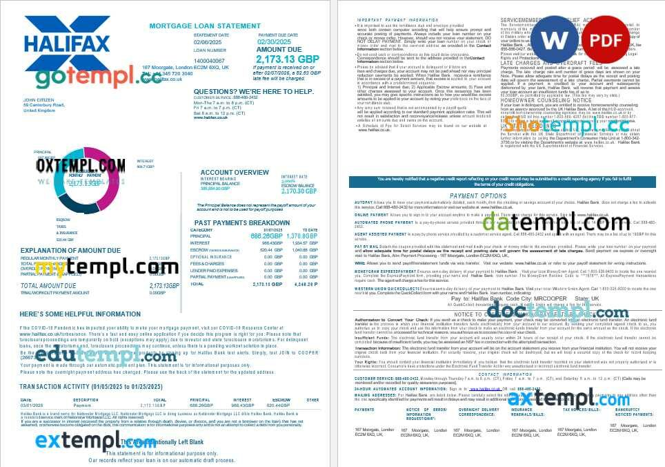 United Kingdom Halifax bank mortgage loan statement in Word and PDF formats, 4 pages United Kingdom Halifax bank mortgage loan statement in Word and PDF formats, 4 pages