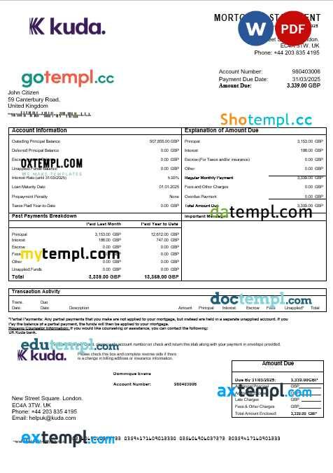 United Kingdom Kuda bank mortgage statement in Word and PDF formats United Kingdom Kuda bank mortgage statement in Word and PDF formats