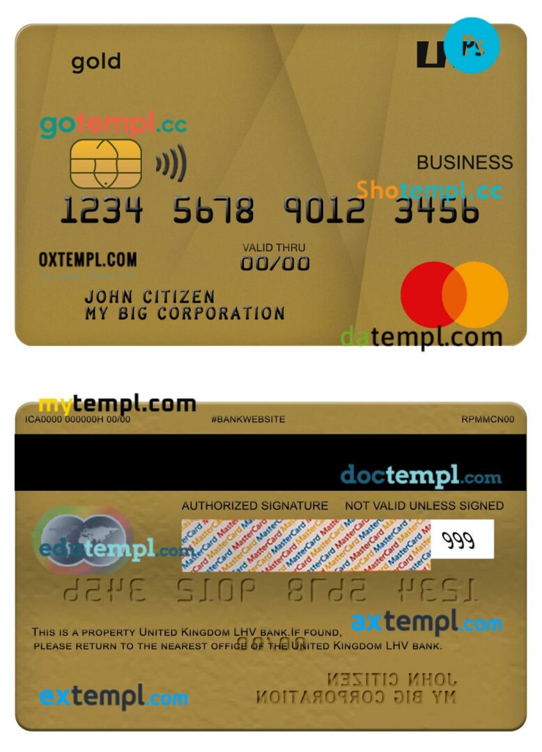 United Kingdom LHV bank business mastercard gold card template in PSDÂ format United Kingdom LHV bank business mastercard gold card template in PSDÂ format