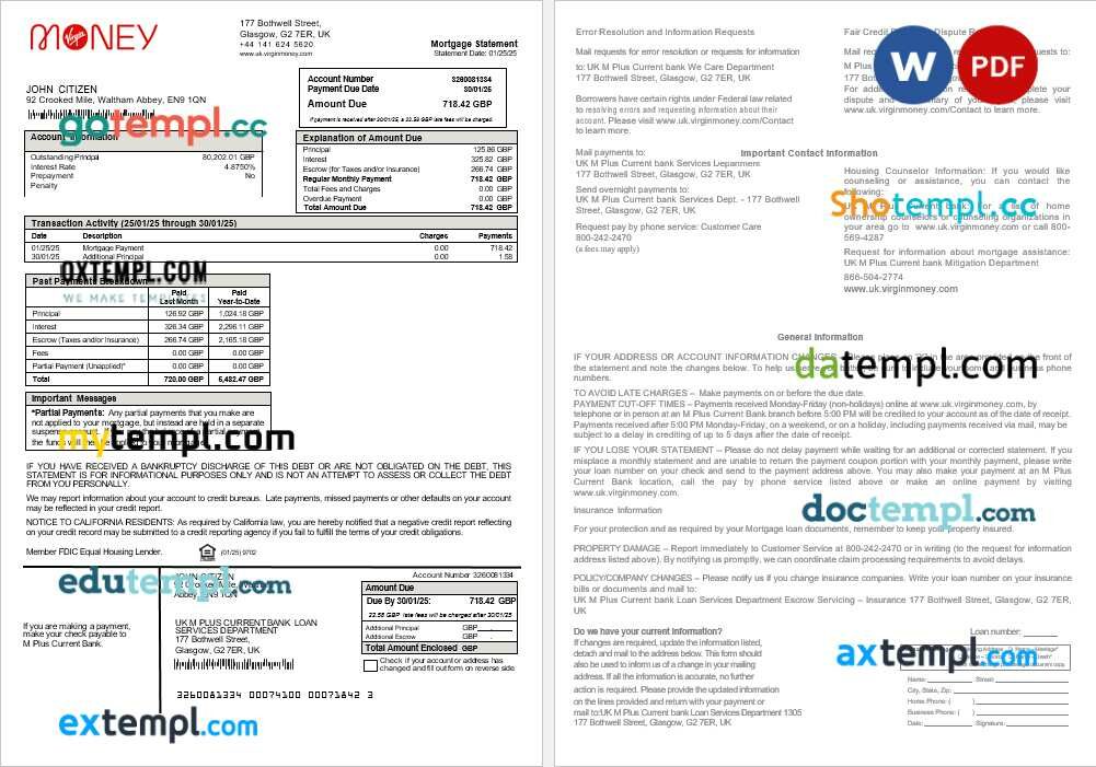 United Kingdom M Plus Current bank mortgage statement in Word and PDF formats United Kingdom M Plus Current bank mortgage statement in Word and PDF formats