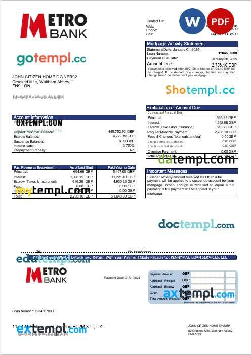 United Kingdom Metro bank mortgage statement in Word and PDF formats United Kingdom Metro bank mortgage statement in Word and PDF formats