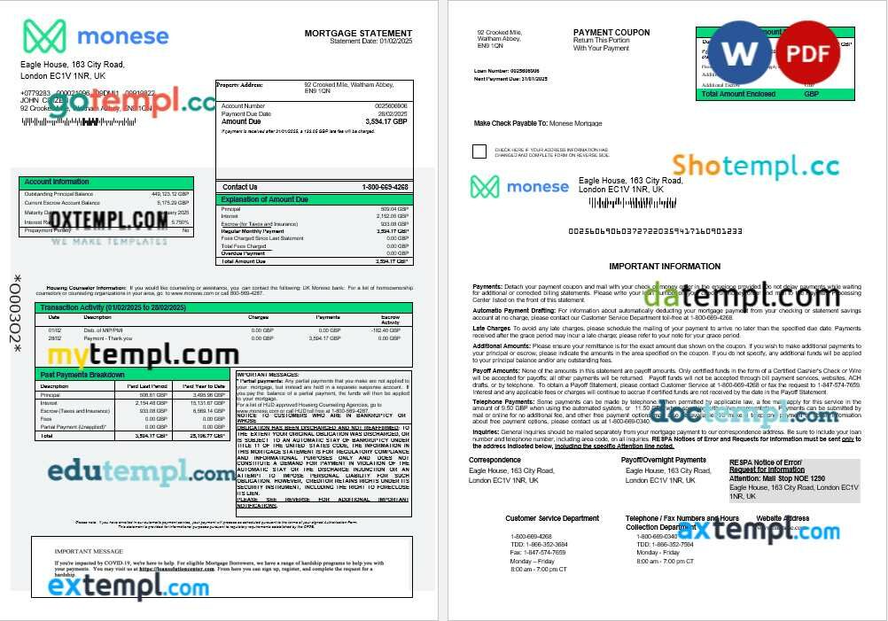 United Kingdom Monese bank mortgage statement in Word and PDF formats United Kingdom Monese bank mortgage statement in Word and PDF formats