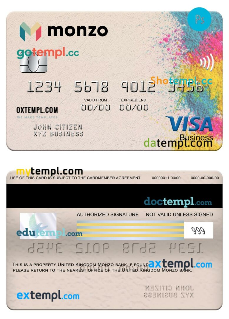United Kingdom Monzo bank visa business card template in PSDÂ format United Kingdom Monzo bank visa business card template in PSDÂ format