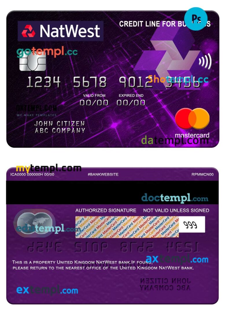 United Kingdom NatWest bank credit line for business mastercard template in PSDÂ format United Kingdom NatWest bank credit line for business mastercard template in PSDÂ format