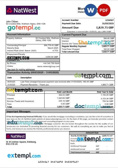 United Kingdom NatWest bank mortgage statement in Word and PDF formats United Kingdom NatWest bank mortgage statement in Word and PDF formats