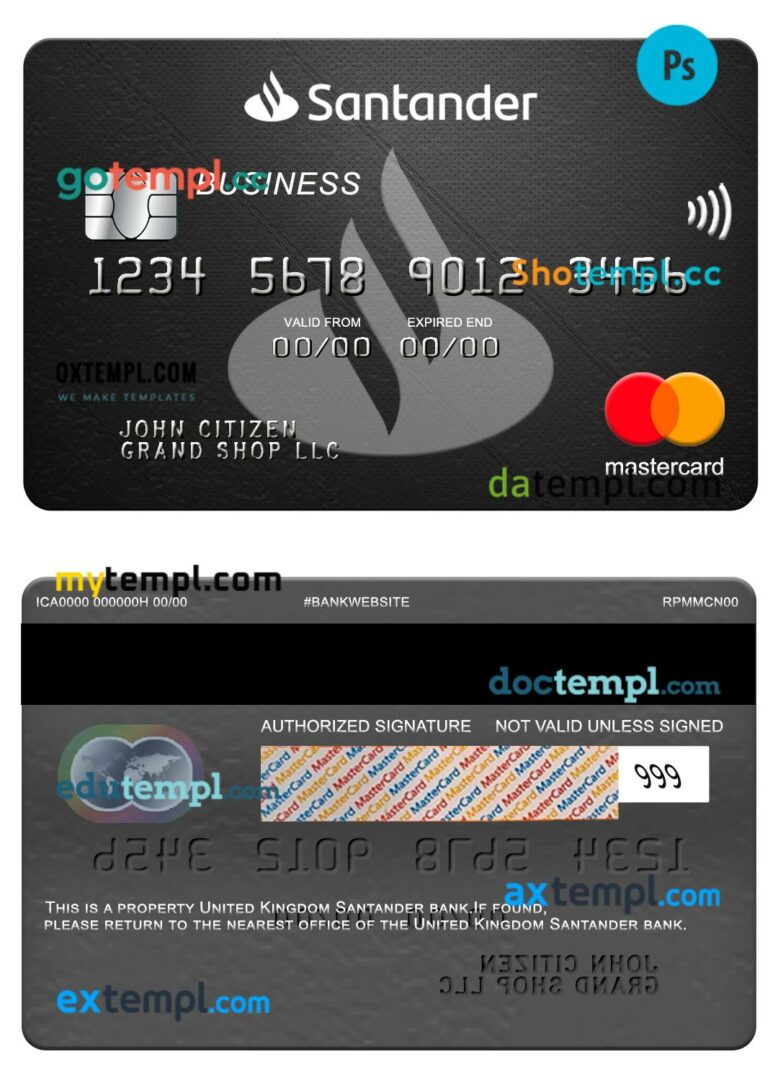 United Kingdom Santander bank business mastercard template in PSDÂ format United Kingdom Santander bank business mastercard template in PSDÂ format