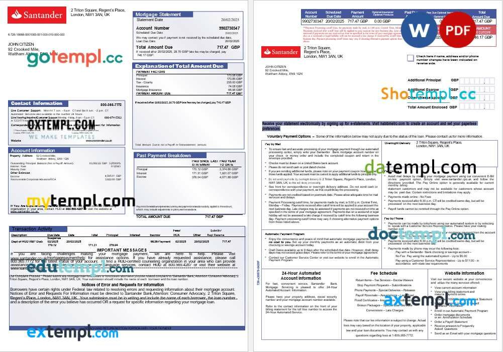 United Kingdom Santander bank mortgage statement in Word and PDF formats, 3 pages United Kingdom Santander bank mortgage statement in Word and PDF formats, 3 pages
