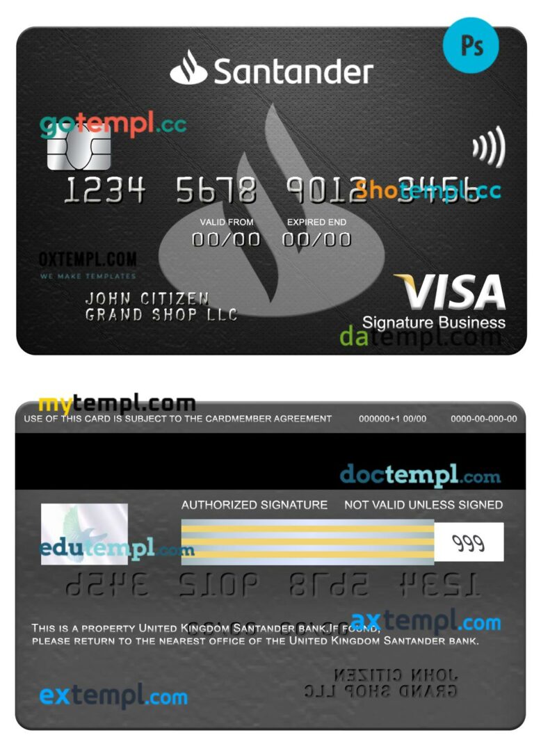 United Kingdom Santander bank visa signature business card template in PSDÂ format United Kingdom Santander bank visa signature business card template in PSDÂ format