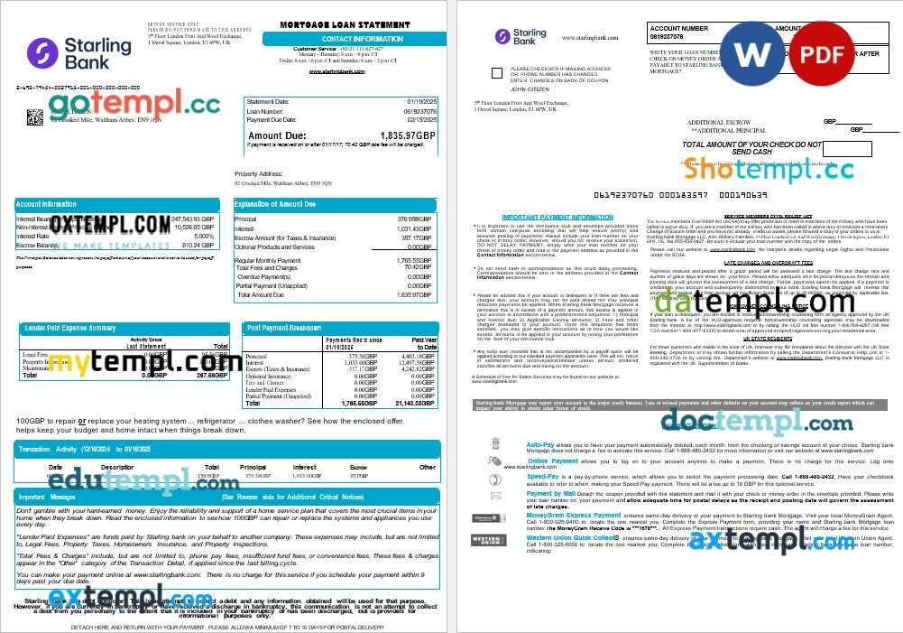 United Kingdom Starling bank mortgage loan statement in Word and PDF formats, 8 pages United Kingdom Starling bank mortgage loan statement in Word and PDF formats, 8 pages