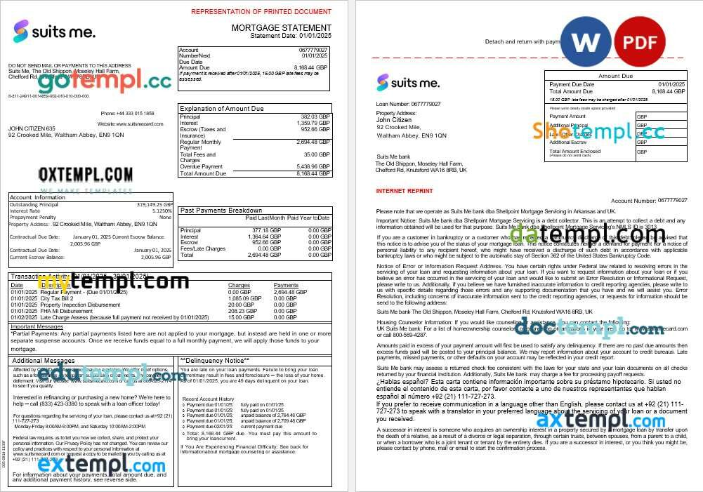 United Kingdom Suits Me bank mortgage statement in Word and PDF formats, 3 pages United Kingdom Suits Me bank mortgage statement in Word and PDF formats, 3 pages