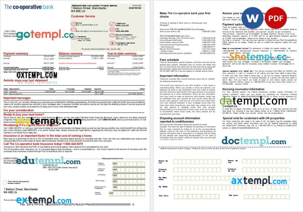 United Kingdom The Co-operative bank mortgage statement in Word and PDF formats, 2 pages United Kingdom The Co-operative bank mortgage statement in Word and PDF formats, 2 pages