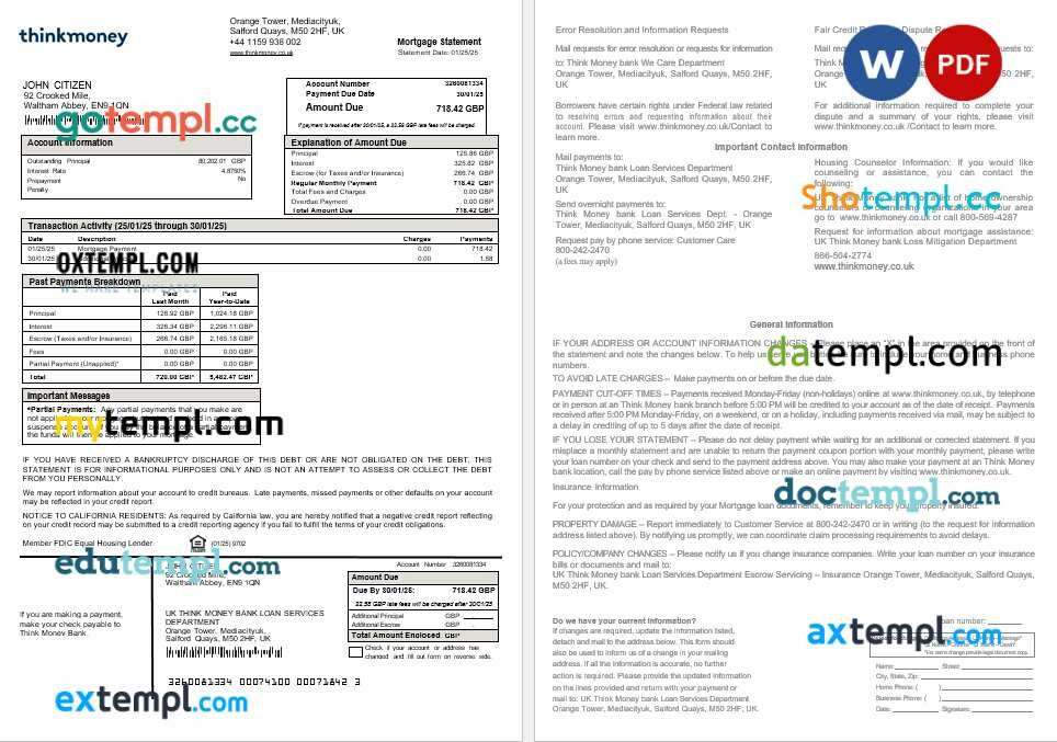 United Kingdom Think Money bank mortgage statement in Word and PDF formats United Kingdom Think Money bank mortgage statement in Word and PDF formats