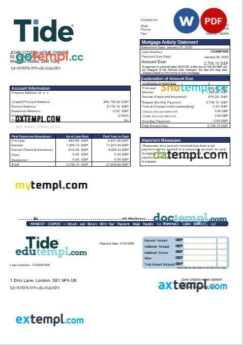 United Kingdom Tide bank mortgage statement in Word and PDF formats United Kingdom Tide bank mortgage statement in Word and PDF formats