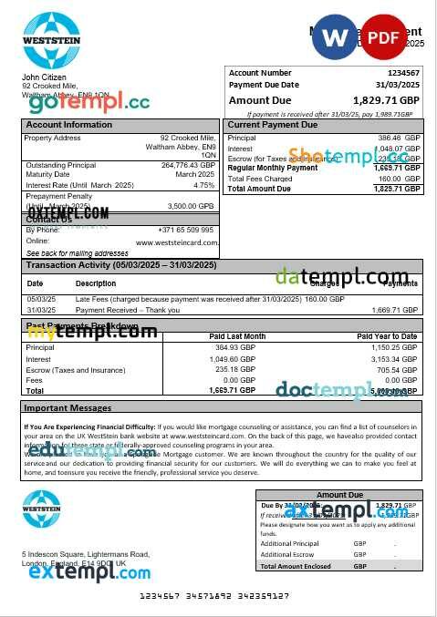 United Kingdom WestStein Bank mortgage statement in Word and PDF formats United Kingdom WestStein Bank mortgage statement in Word and PDF formats