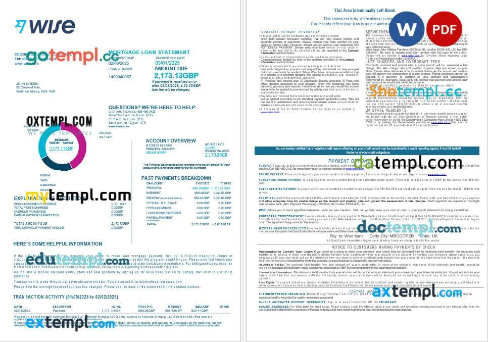 United Kingdom Wise bank mortgage loan statement in Word and PDF formats, 4 pages United Kingdom Wise bank mortgage loan statement in Word and PDF formats, 4 pages