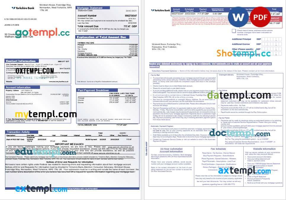 United Kingdom Yorkshire Bank mortgage statement in Word and PDF formats, 3 pages United Kingdom Yorkshire Bank mortgage statement in Word and PDF formats, 3 pages