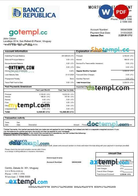 Uruguay Banco De La Republica Oriental Del Uruguayan bank mortgage statement in Word and PDF formats Uruguay Banco De La Republica Oriental Del Uruguayan bank mortgage statement in Word and PDF formats