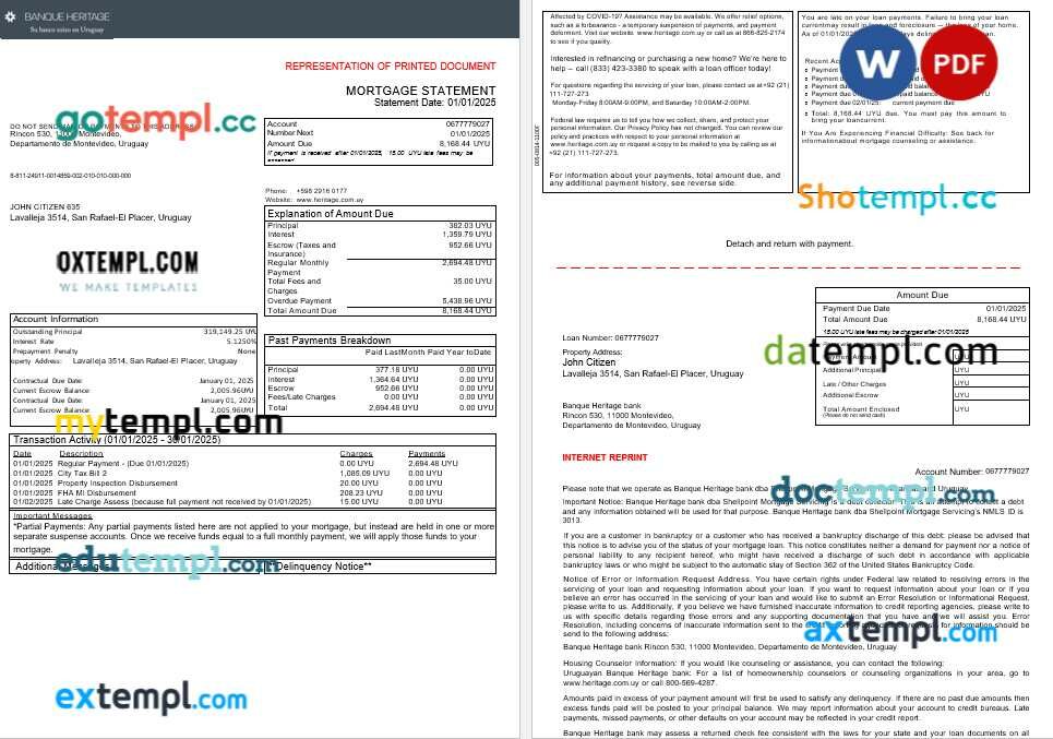 Uruguay Banque Heritage bank mortgage statement in Word and PDF formats, 3 pages Uruguay Banque Heritage bank mortgage statement in Word and PDF formats, 3 pages