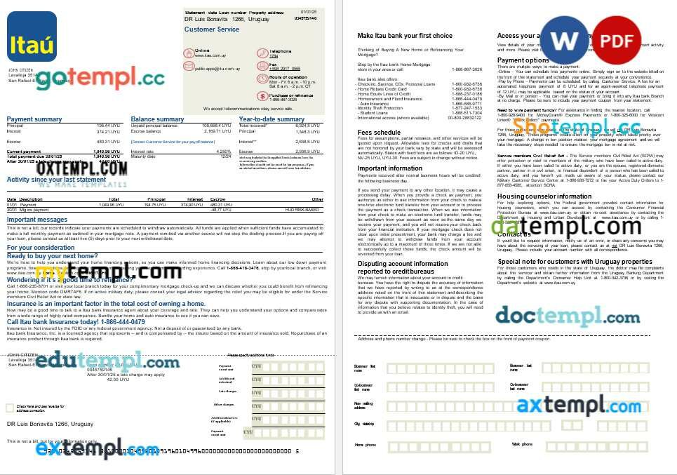 Uruguay Itau bank mortgage statement in Word and PDF formats, 2 pages Uruguay Itau bank mortgage statement in Word and PDF formats, 2 pages