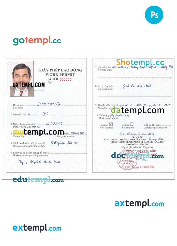 Vietnam work permit PSD example, with fonts