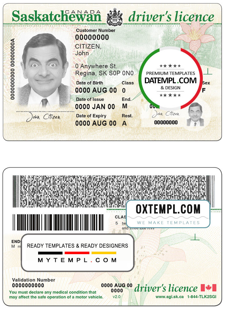 Canadian province Saskatchewan driver license download example in PSD format , fully editable