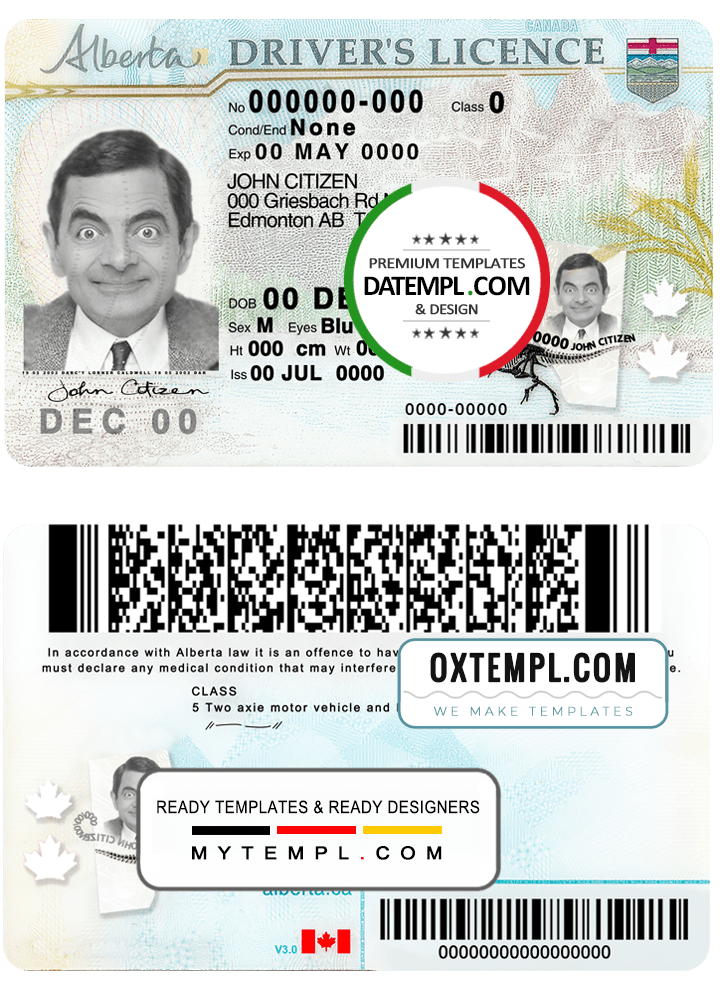 Canadian Alberta province driver license download example in PSD format, fully editable Canadian Alberta province driver license download example in PSD format, fully editable